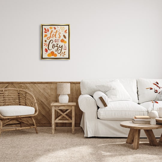 Stupell Industries Lets Get Cozy Autumnal Leaf Sprigs Framed Floater Canvas Wall Art